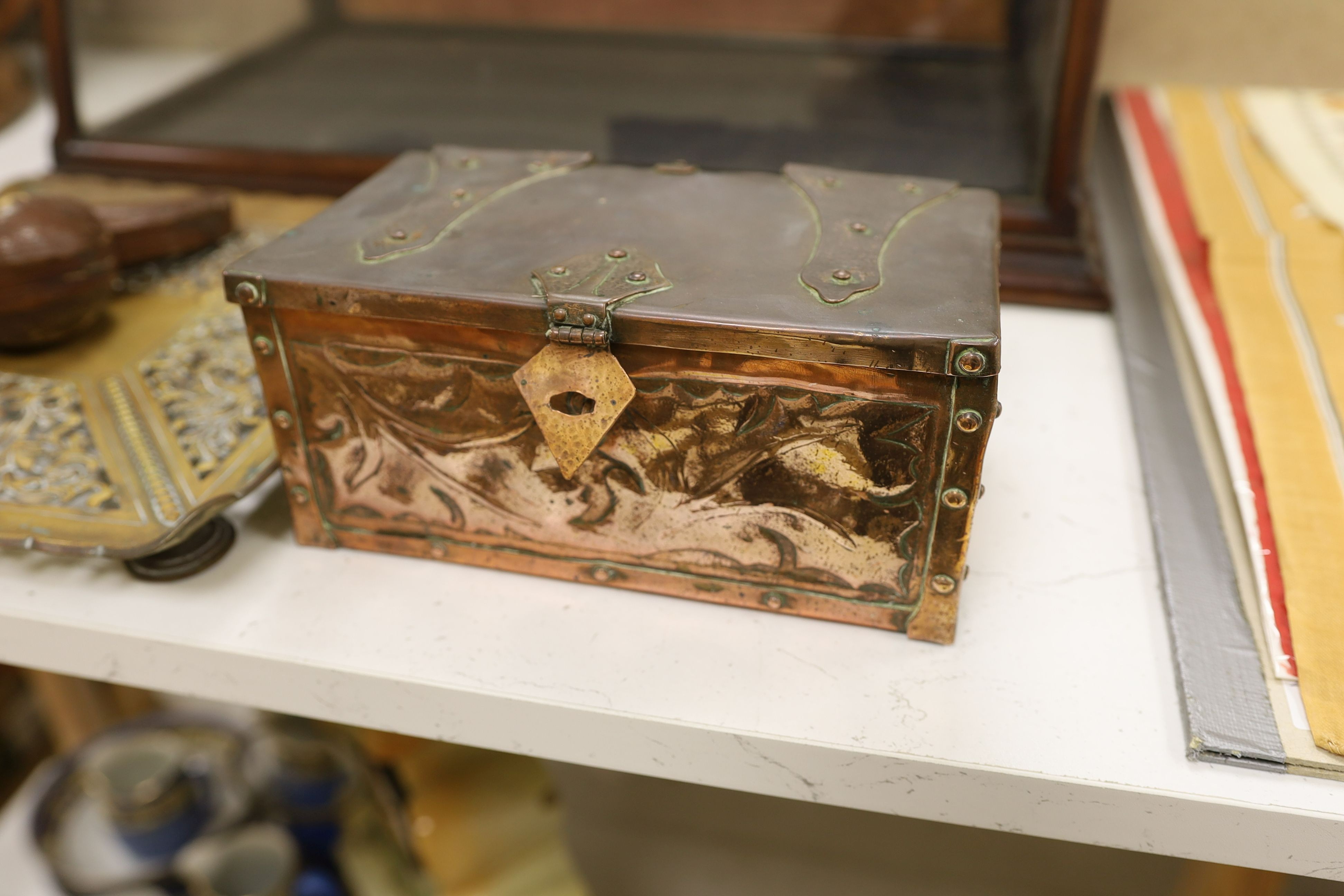 A Meerschaum pipe, a copper casket and brass stand